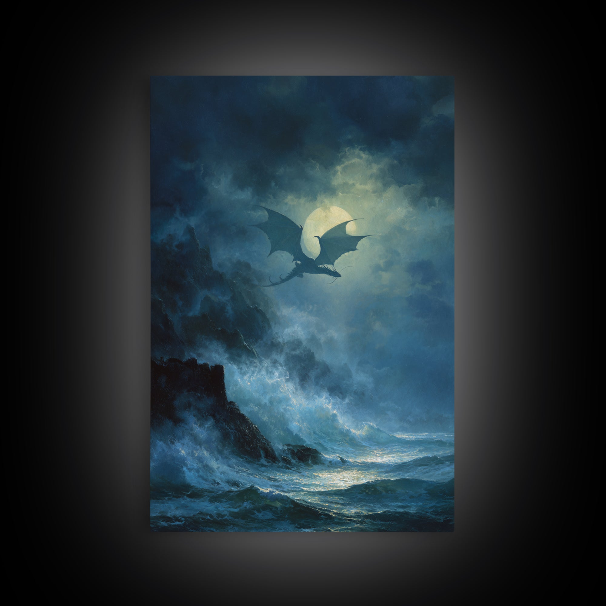 Moonlit Dragon Above Stormy Ocean Wall Art Gothic Seascape Canvas Print For Fantasy Decor Coastal Art And Moody Home Decor Gift For Him