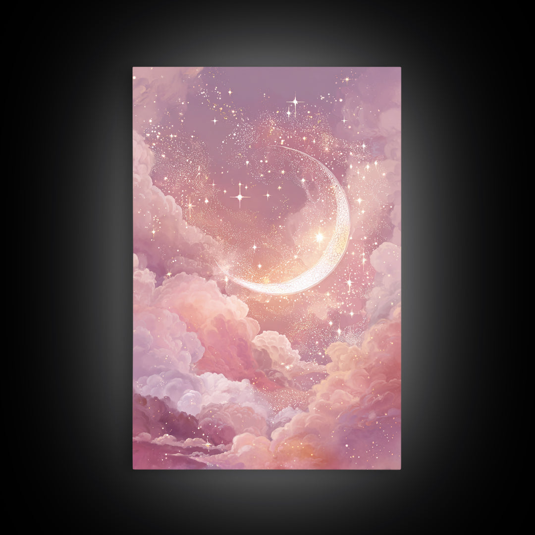 Glowing Crescent Moon Among Pink Clouds Wall Art, Celestial Canvas Print, Dreamy Nursery Decor, Whimsical Bedroom Art, Gift For Her