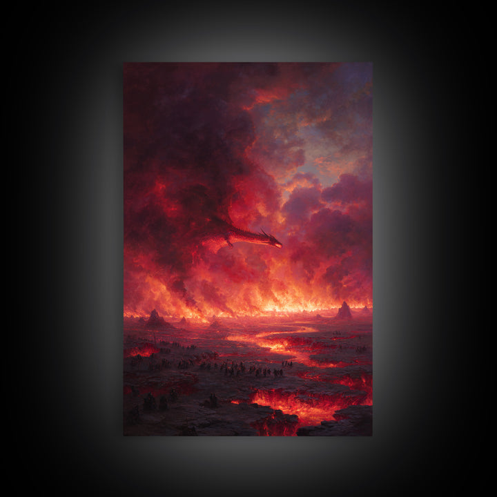 Fiery Dragon Apocalypse Landscape Wall Art, Dark Fantasy Canvas Decor, Gothic Medieval Battle, Large Fantasy Art Print Poster