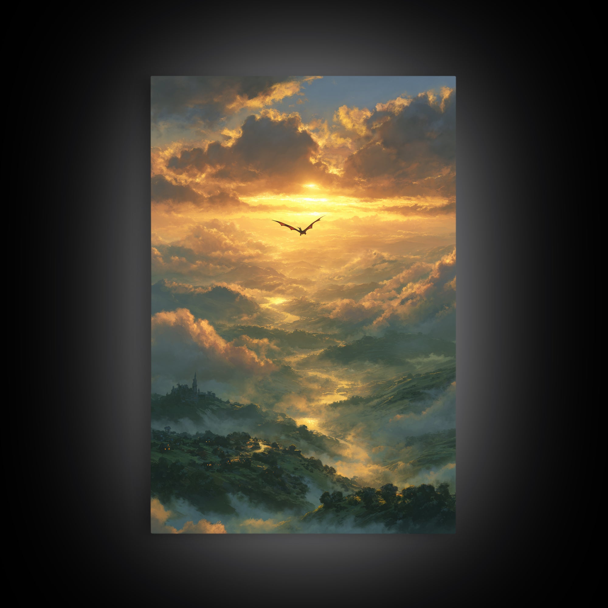 Golden Dragon Above Misty Valley Framed Canvas Print, Fantasy Landscape Wall Decor, Epic Castle Art For Living Room Home Decor