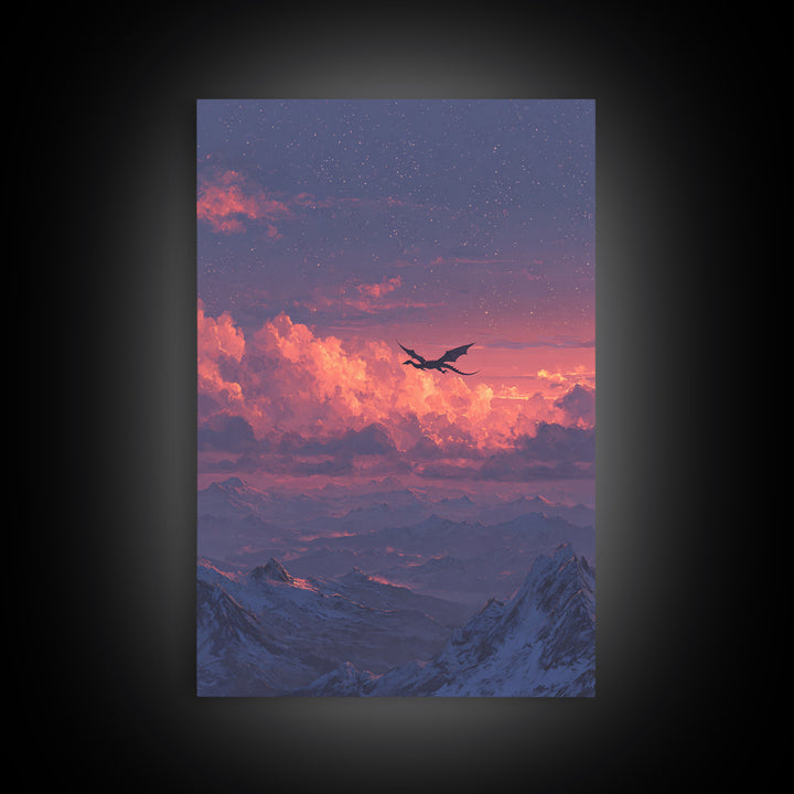 Starry Pink Cloud Dragon Over Snowy Peaks Canvas Print, Fantasy Mountain Wall Art, Dreamy Celestial Bedroom And Nursery Decor