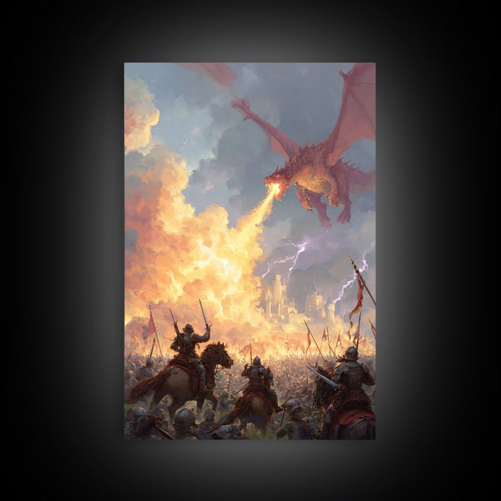 Fire Breathing Dragon Over Medieval Army Wall Art, Epic Fantasy Battle Canvas Decor, Gothic Castle Gift For Him, Man Cave Decor