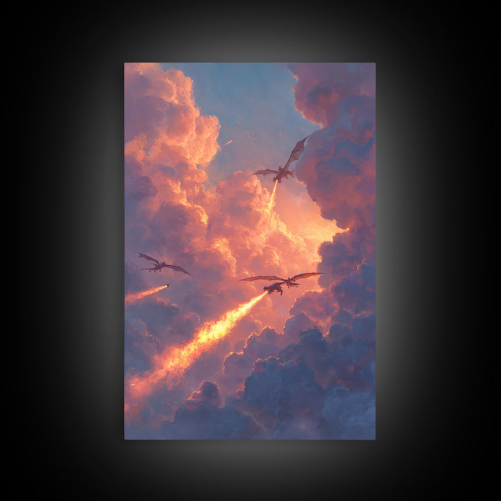 Dragons Breathing Fire Through Sunset Clouds Canvas Print, Fantasy Sky Wall Art, Vibrant Large Statement Living Room Home Decor