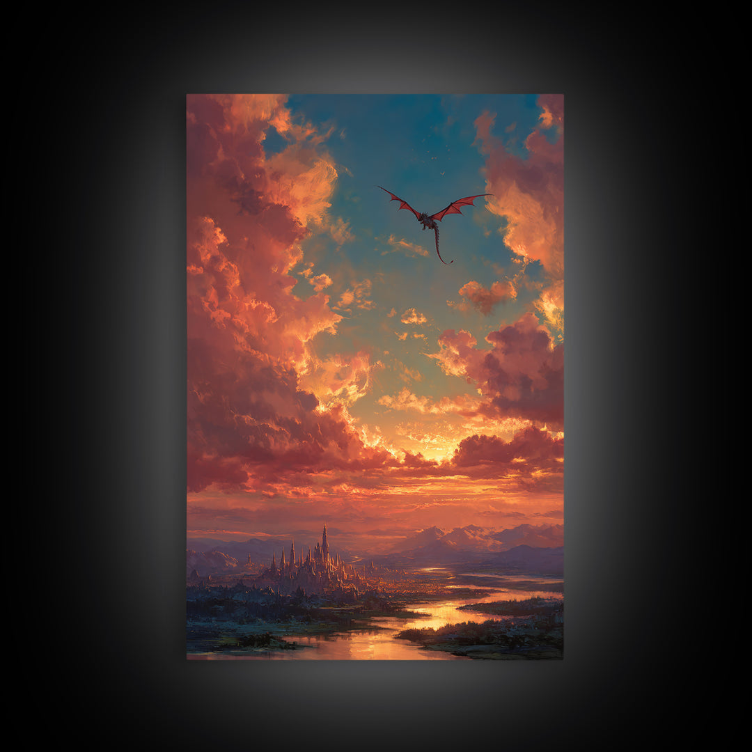 Sunset Dragon Above Spired City Framed Canvas Print, Fantasy Landscape Wall Art, Castle Decor For Living Room, Epic Home Decor