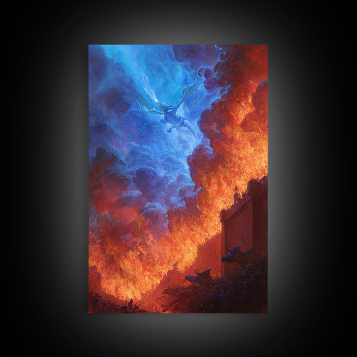 Blue Fire Dragon Siege At Burning Fortress Wall Art, Dark Fantasy Canvas Decor, Gothic Battle Large Art Print Poster For Man Cave