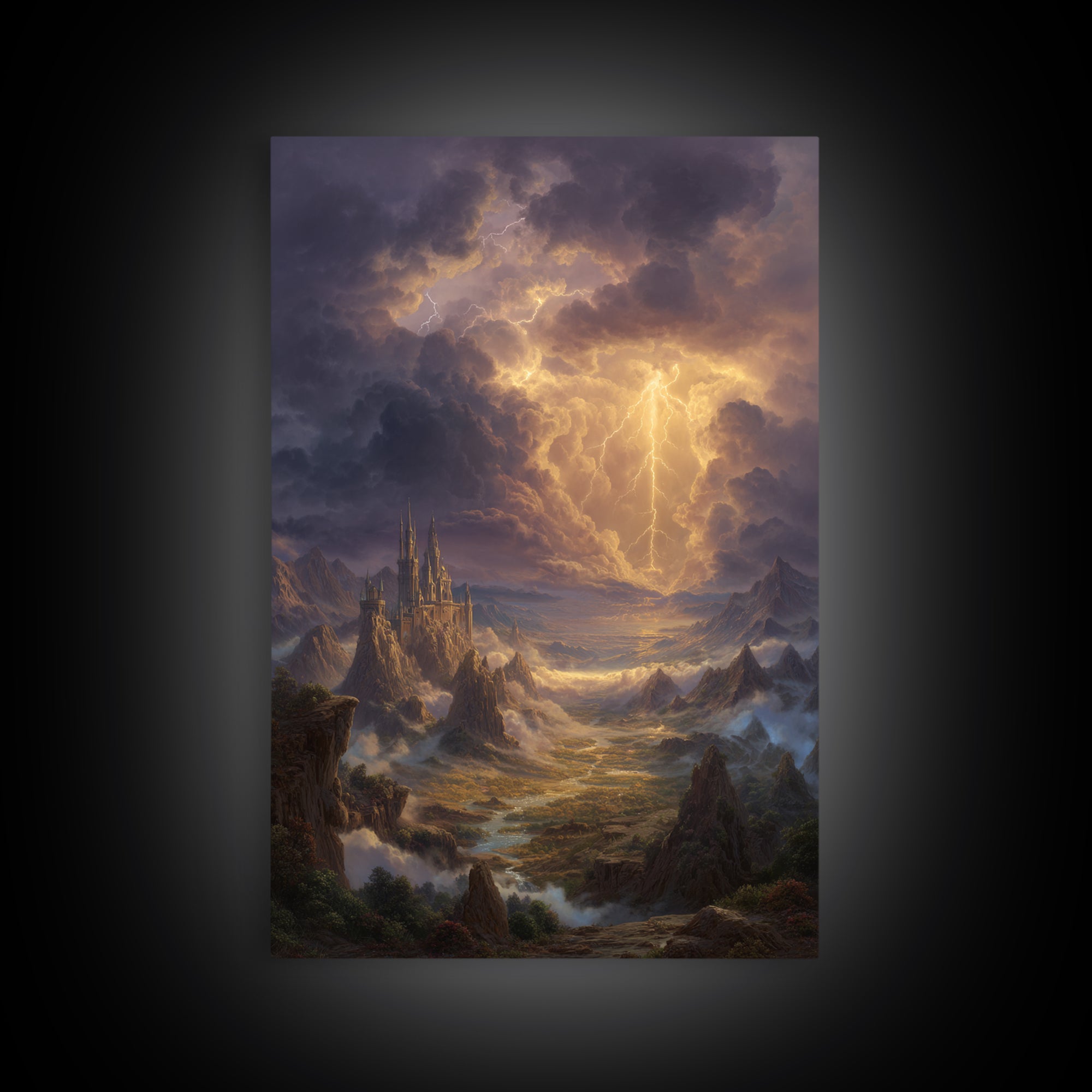 Lightning Storm Over Fantasy Castle Framed Canvas Print, Epic Mountain Landscape Wall Art, Moody Gothic Office Home Decor