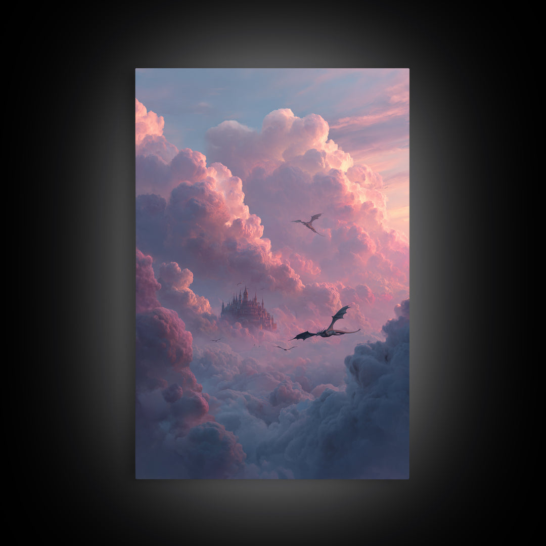 Pink Cloud Castle With Flying Dragons Canvas Print, Dreamy Fantasy Wall Art, Soft Pastel Celestial Nursery And Bedroom Decor
