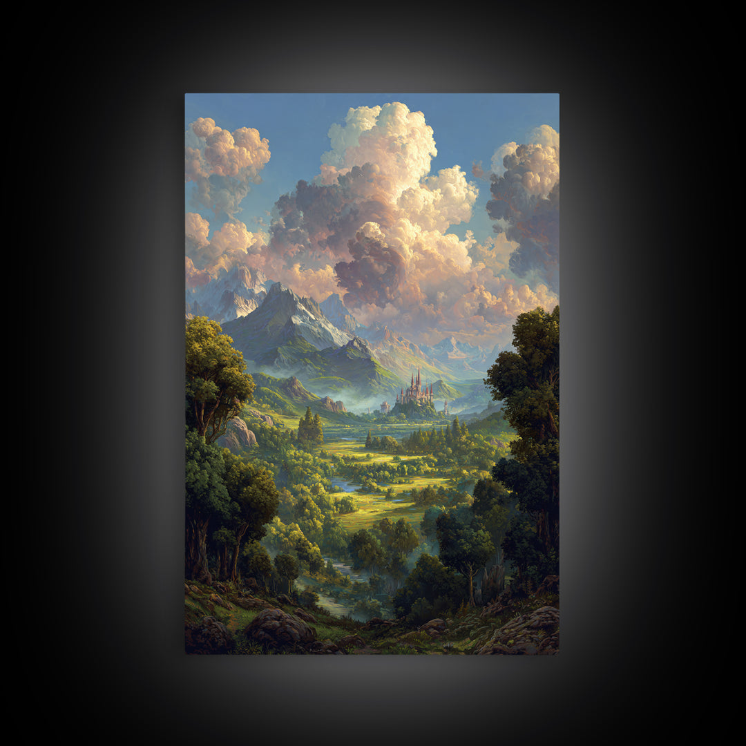 Lush Fantasy Valley With Distant Castle Wall Art, Mountain Landscape Canvas Print, Nature Decor For Living Room, Large Home Decor