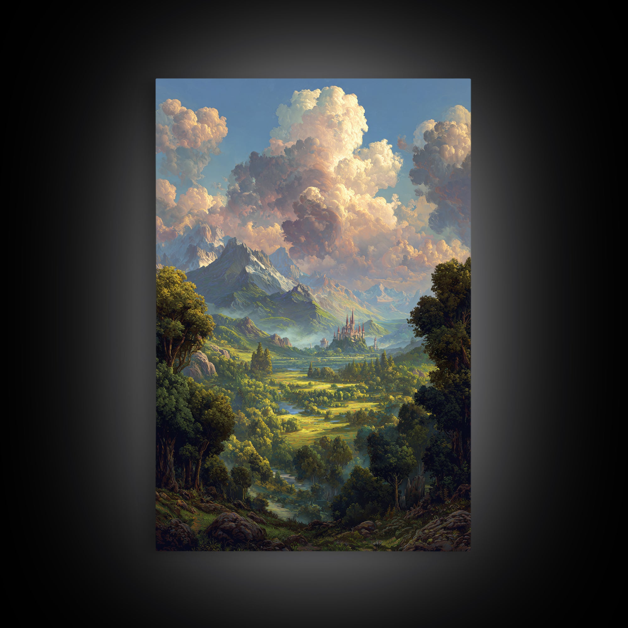 Lush Fantasy Valley With Distant Castle Wall Art, Mountain Landscape Canvas Print, Nature Decor For Living Room, Large Home Decor