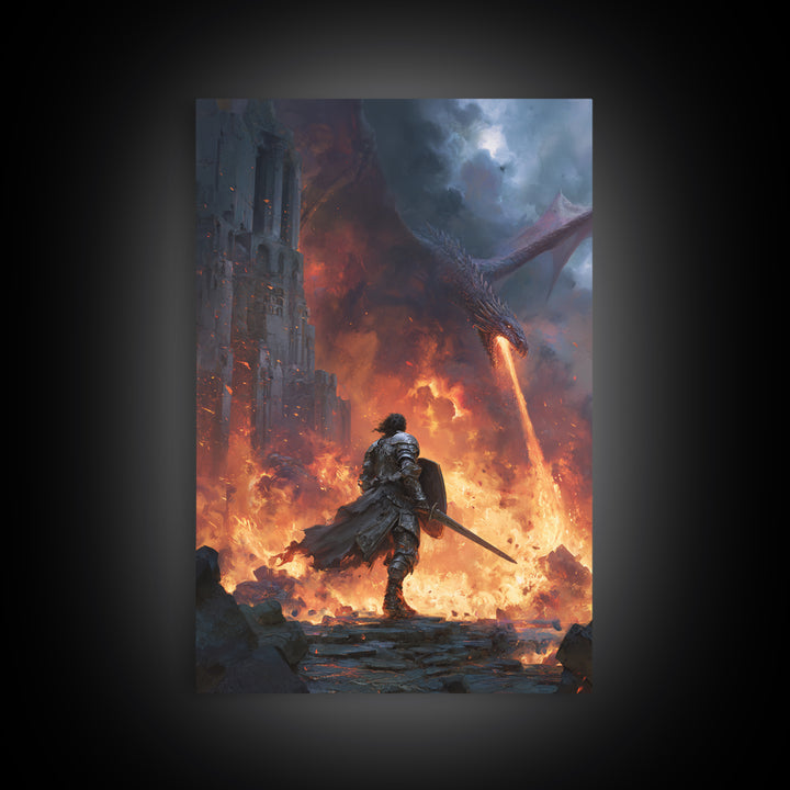 Dragon Battle Knight In Burning Castle Wall Art, Fantasy Warrior Canvas, Dark Medieval Decor, Epic Gothic Gift Print For Him
