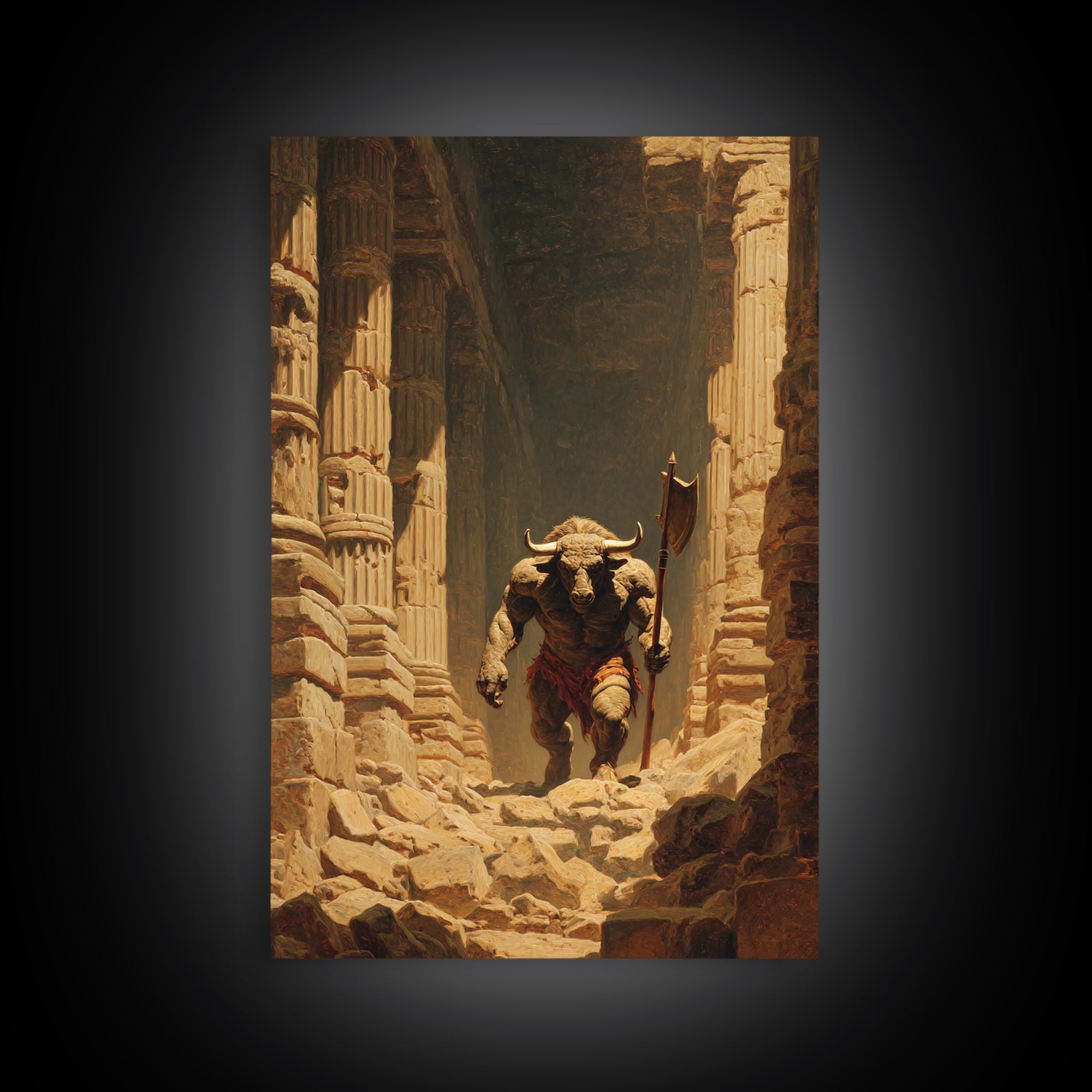 Minotaur In Ancient Ruins Framed Canvas Print, Mythological Art, Dark Fantasy Decor, Greek Myth Wall Decor Gift For Him Home Decor