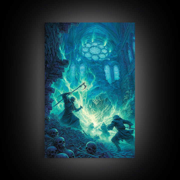Necromancer In Haunted Cathedral Canvas Print, Dark Fantasy Wall Art, Gothic Magic Decor, Skeleton Horror Gift For Him Print