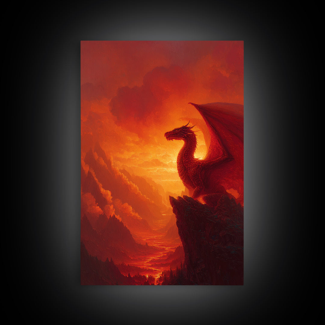 Red Dragon On Mountain Cliff Wall Art, Fantasy Landscape Canvas Print, Sunset Painting, Medieval Castle Decor Gift For Him Home Decor