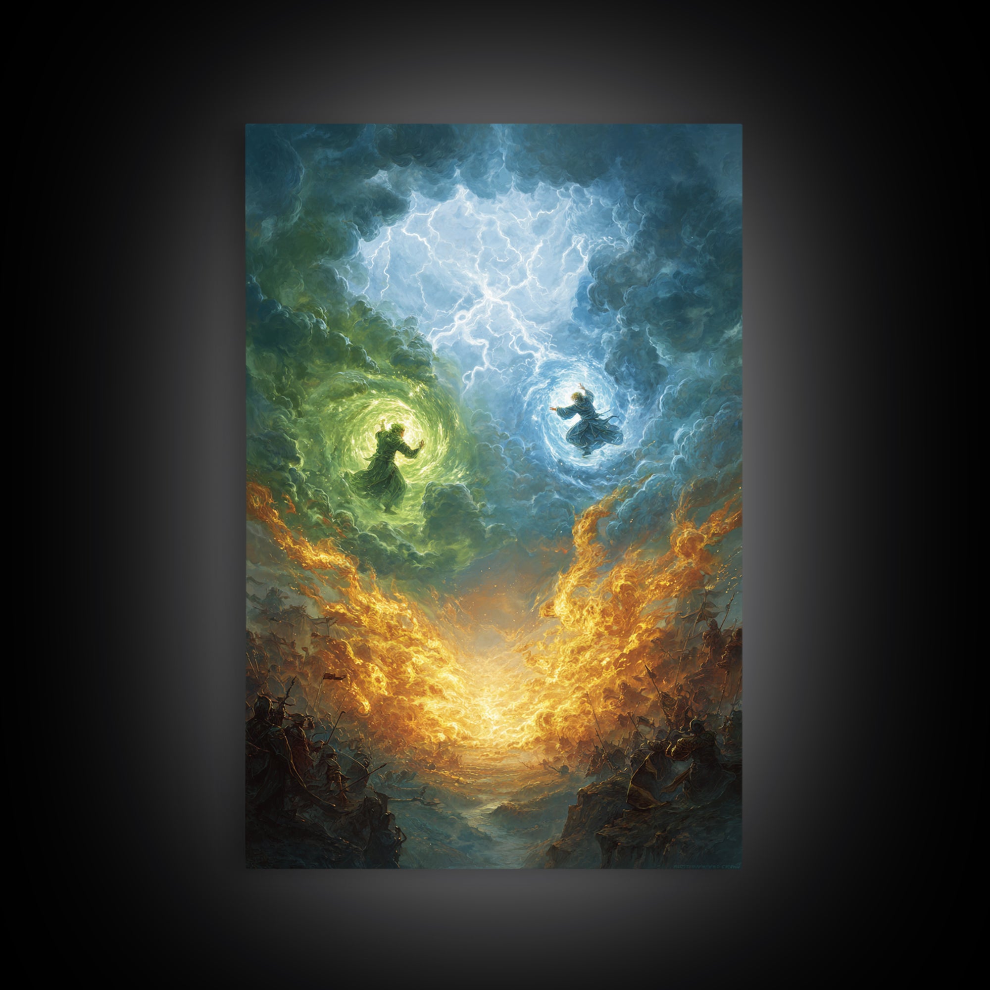 Elemental Wizards In Stormy Sky Wall Art, Fantasy Magic Canvas Print, Lightning Battle, Mystical Decor Gift For Him Home Decor