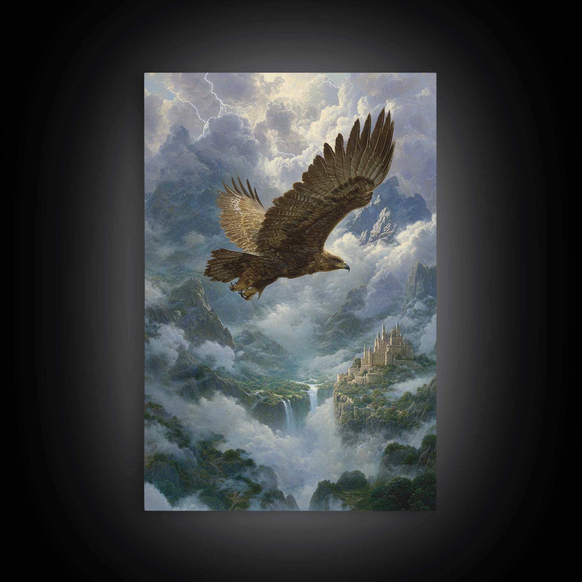 Majestic Eagle Over Misty Mountain Castle Wall Art, Wildlife Landscape Canvas Print, Fantasy Nature Decor Gift For Him Home Decor