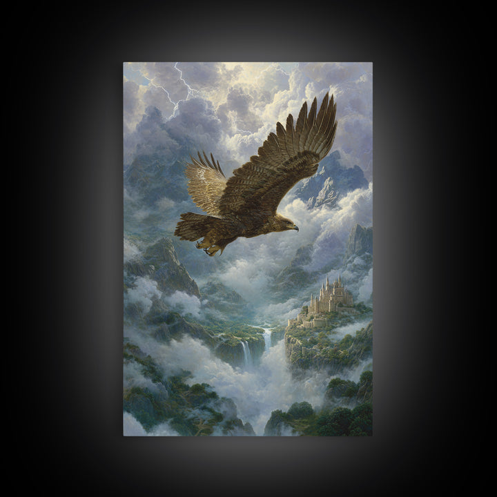 Majestic Eagle Over Misty Mountain Castle Wall Art, Wildlife Landscape Canvas Print, Fantasy Nature Decor Gift For Him Home Decor
