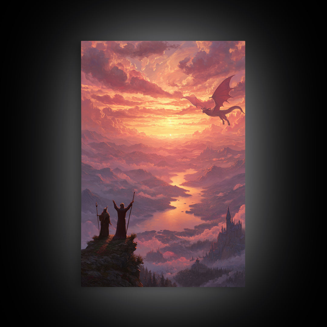 Wizards Watching Dragon Over Sunset Valley Wall Art, Fantasy Landscape Canvas Print, Magical Castle Decor Gift For Him Home Decor