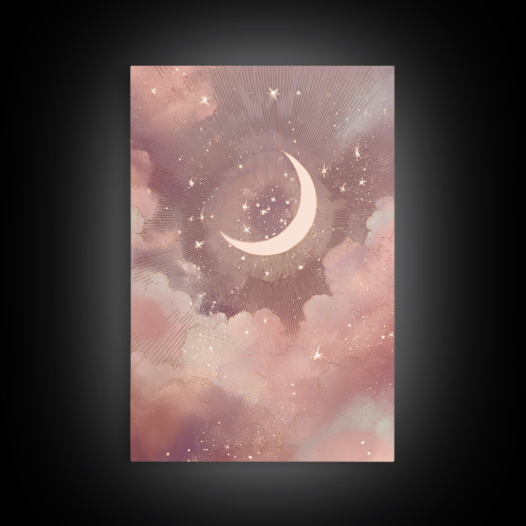 Crescent Moon And Starry Pink Clouds Wall Art, Celestial Canvas Print, Whimsigoth Bedroom Decor, Mystical Nursery Art, Gift For Her