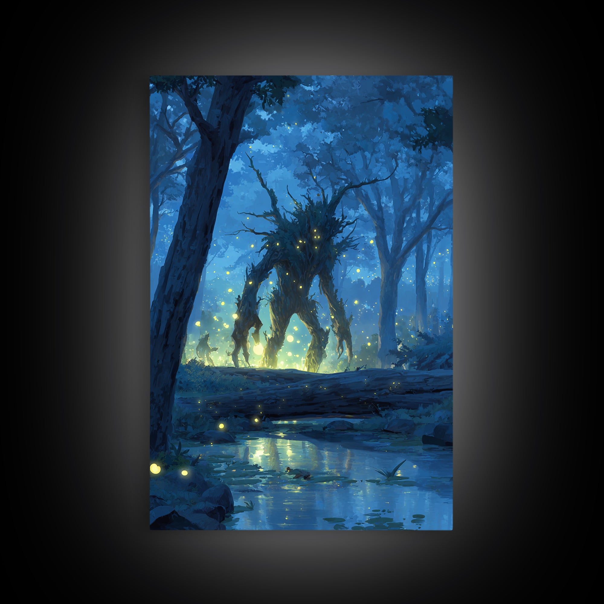 Glowing Forest Spirit At Moonlit Creek Wall Art, Fantasy Forest Canvas, Mystical Woodland Decor, Dark Fairy Tale Art Print