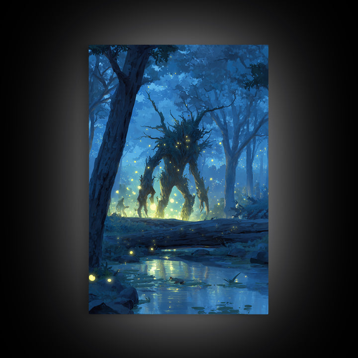 Glowing Forest Spirit At Moonlit Creek Wall Art, Fantasy Forest Canvas, Mystical Woodland Decor, Dark Fairy Tale Art Print