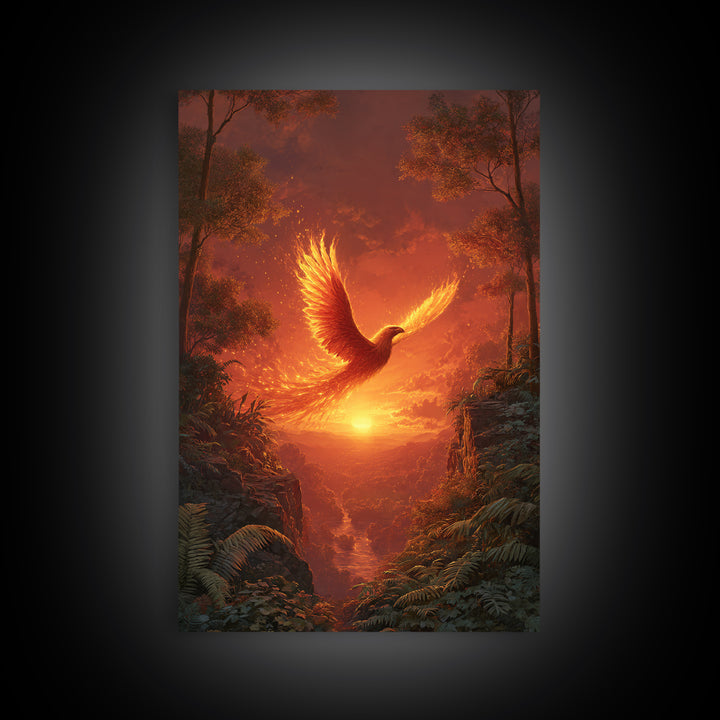 Fiery Phoenix Soaring Over Sunset Canyon Canvas Print, Fantasy Bird Wall Art, Dramatic Orange Home Decor, Mythical Artwork