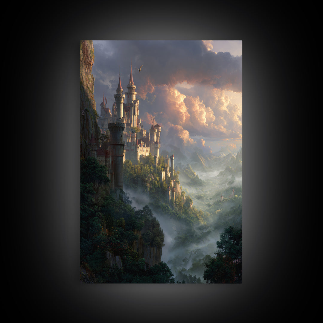 Misty Cliffside Castle Above Enchanted Valley Framed Canvas Print, Fantasy Wall Art, Medieval Landscape Home Decor, Dramatic Cloud Art
