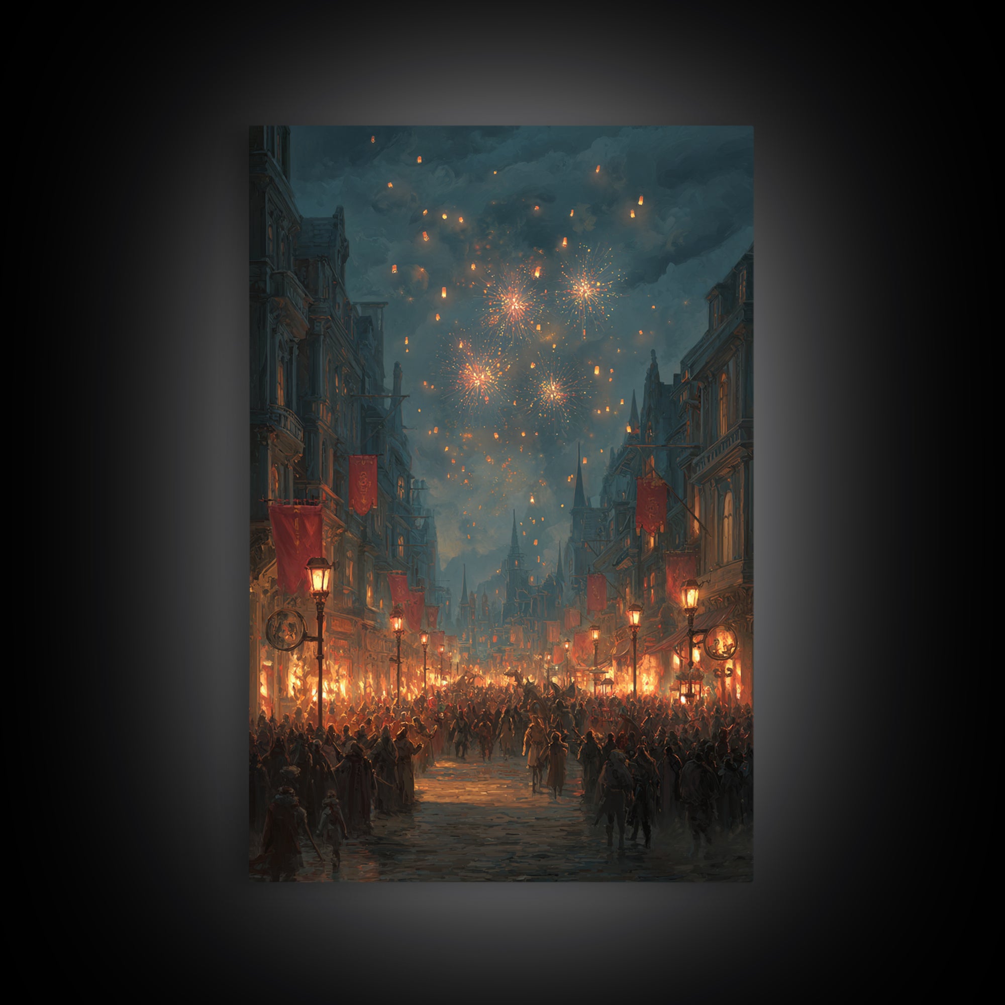 Medieval Festival Street With Fireworks Wall Art, Fantasy City Canvas, Dark Academia Decor, Gothic Town Celebration Print