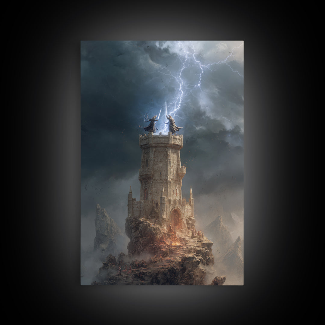 Lightning Strikes Wizard Tower On Stormy Peak Framed Canvas Print, Fantasy Wall Art, Dark Gothic Decor, Magical Castle Art