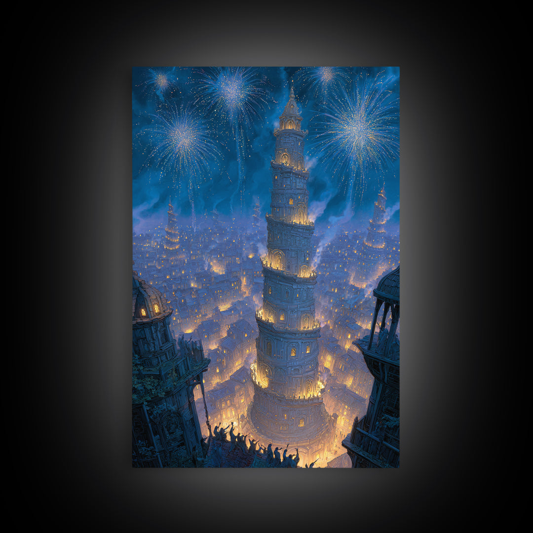Blue Fireworks Over Magical City Tower Canvas Print, Fantasy Wall Art, Medieval Celebration Decor, Enchanted Skyline Art
