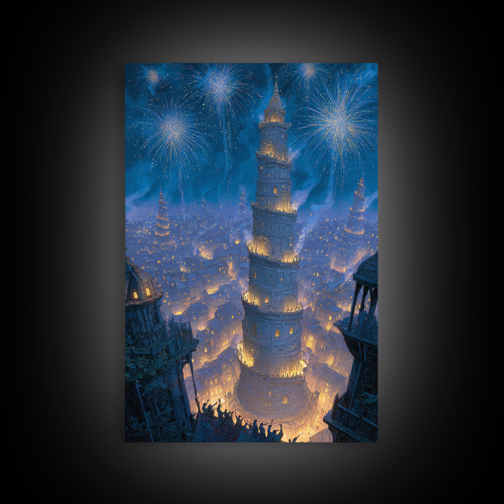 Blue Fireworks Over Magical City Tower Canvas Print, Fantasy Wall Art, Medieval Celebration Decor, Enchanted Skyline Art