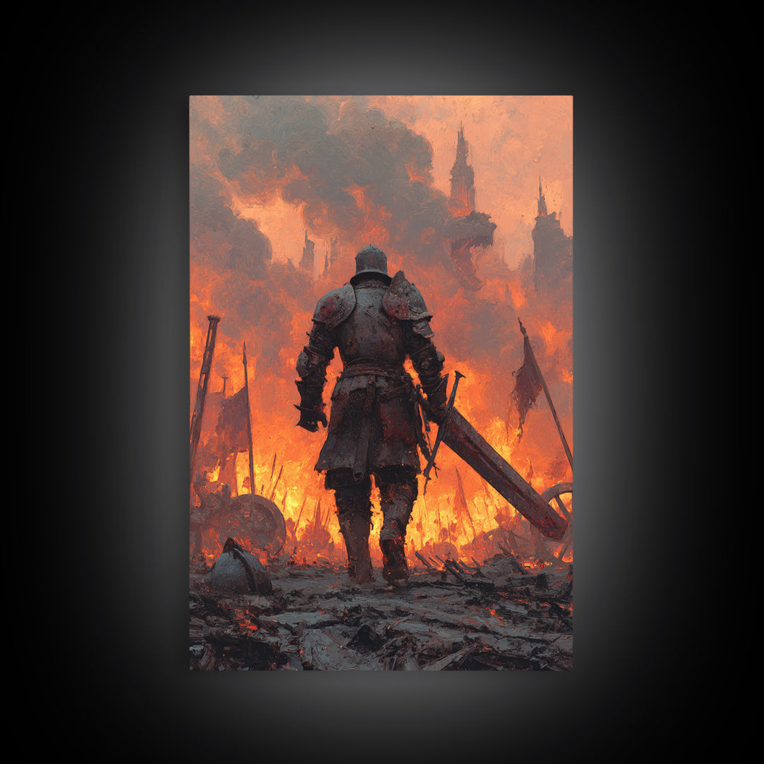 Armored Knight Walking Through Burning Battlefield Wall Art, Dark Fantasy Canvas, Medieval Warrior Decor, Dramatic Fire Art Print