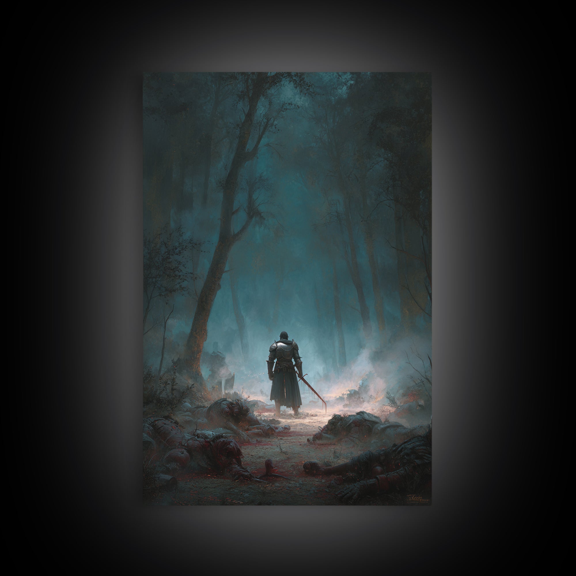 Lone Knight In Misty Haunted Forest Canvas Print, Dark Fantasy Wall Art, Gothic Woodland Decor, Warrior Landscape Artwork