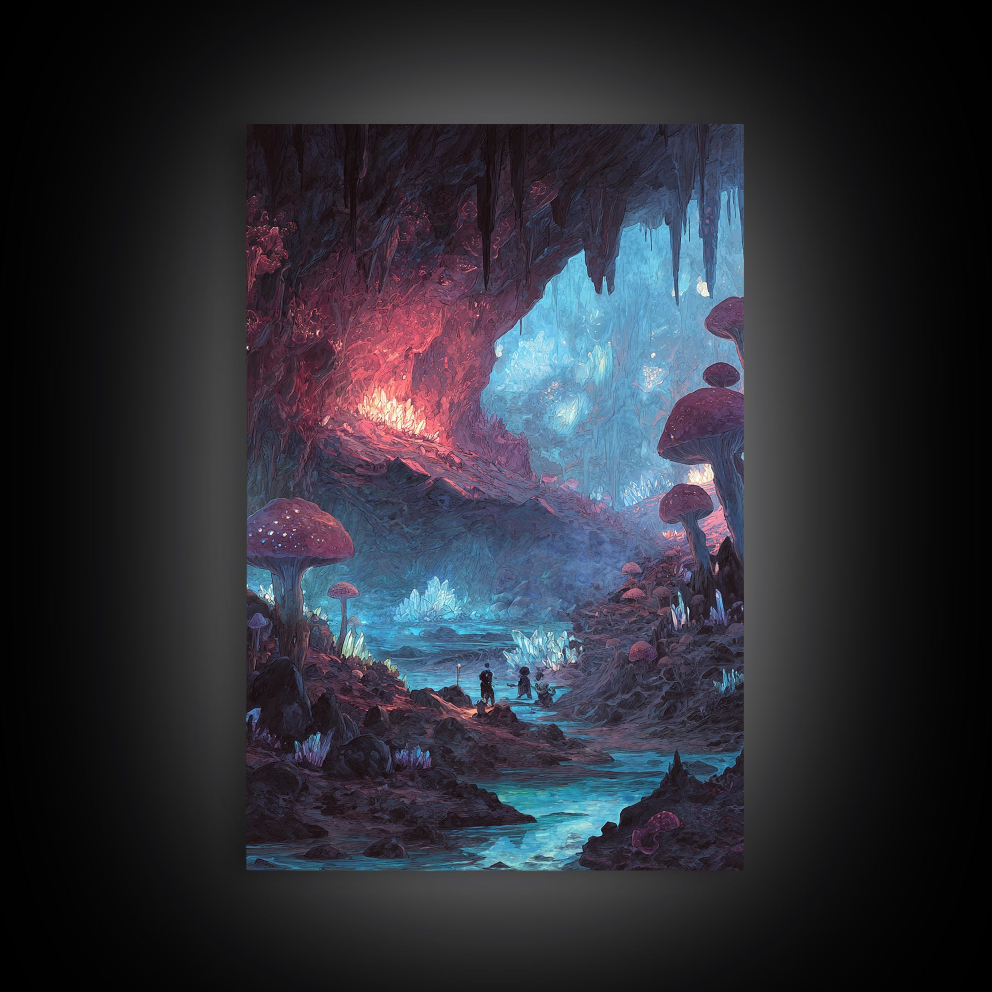 Glowing Mushroom Cave With Crystal River Wall Art, Fantasy Landscape Canvas, Whimsical Fairycore Decor, Magical Forest Print