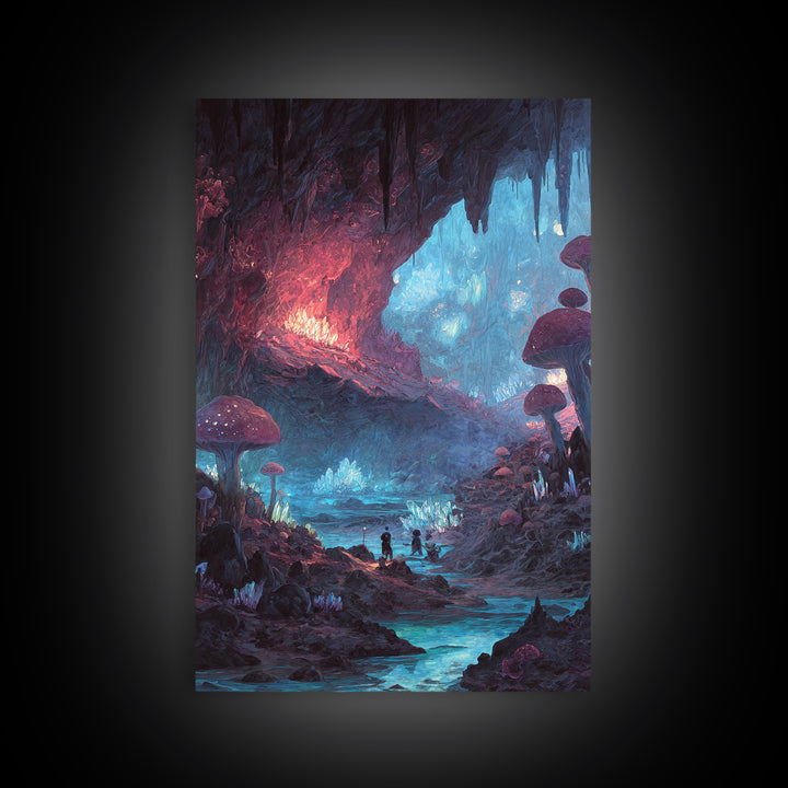 Glowing Mushroom Cave With Crystal River Wall Art, Fantasy Landscape Canvas, Whimsical Fairycore Decor, Magical Forest Print