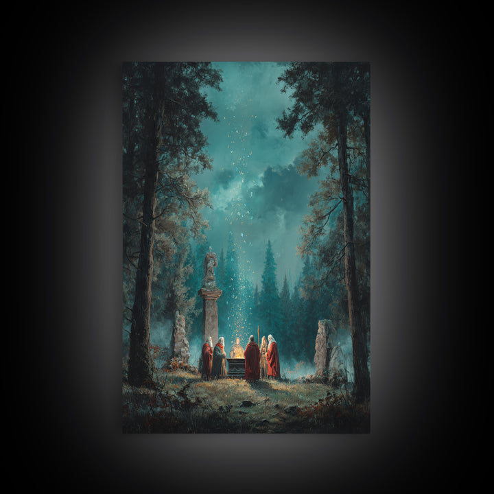 Mystic Forest Ritual Beneath Teal Night Sky Framed Canvas Print, Fantasy Wall Art, Spiritual Decor, Enchanted Woodland Art