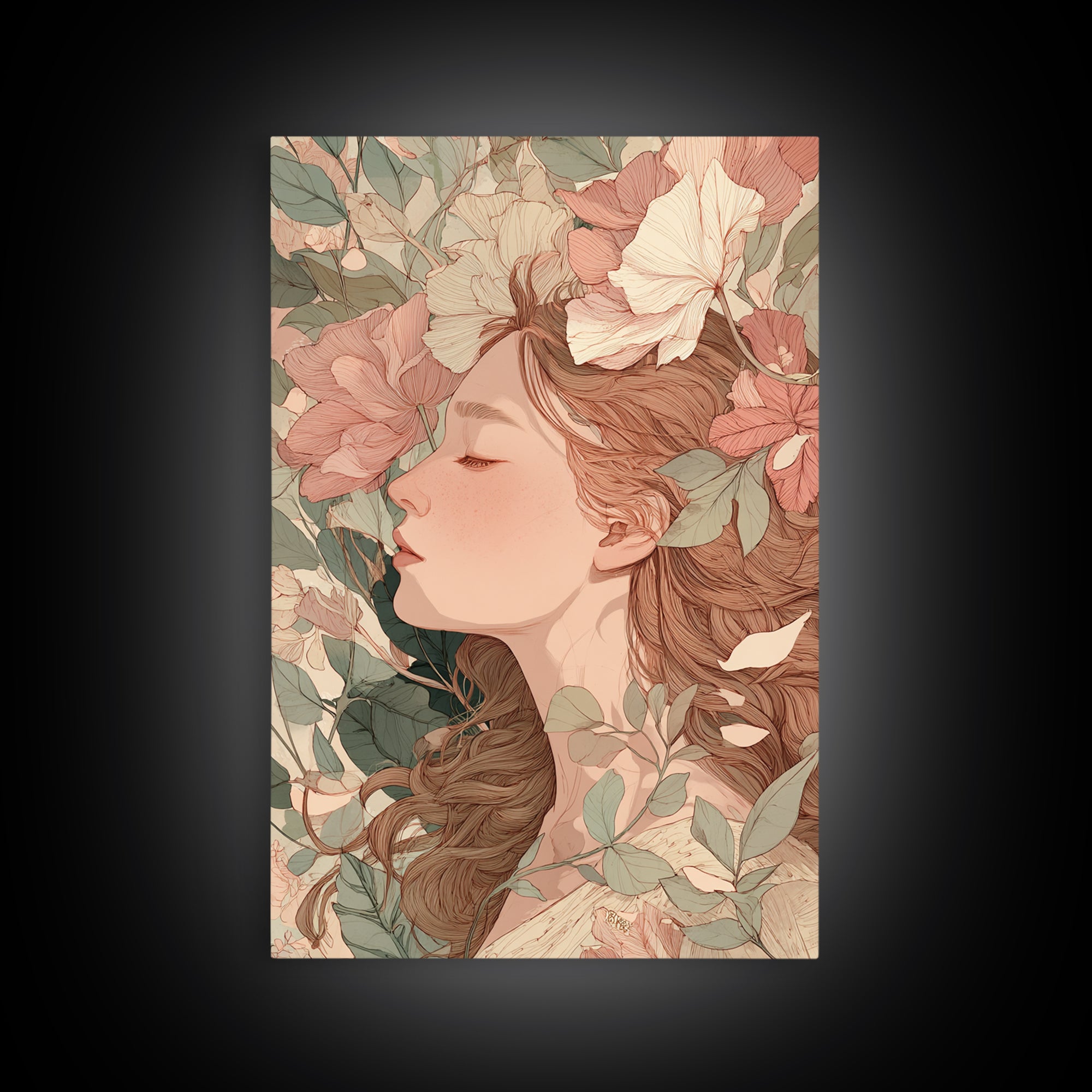 Sleeping Floral Woman Portrait Canvas Print, Art Nouveau Wall Art, Feminine Botanical Decor, Romantic Bedroom Art, Gift For Her
