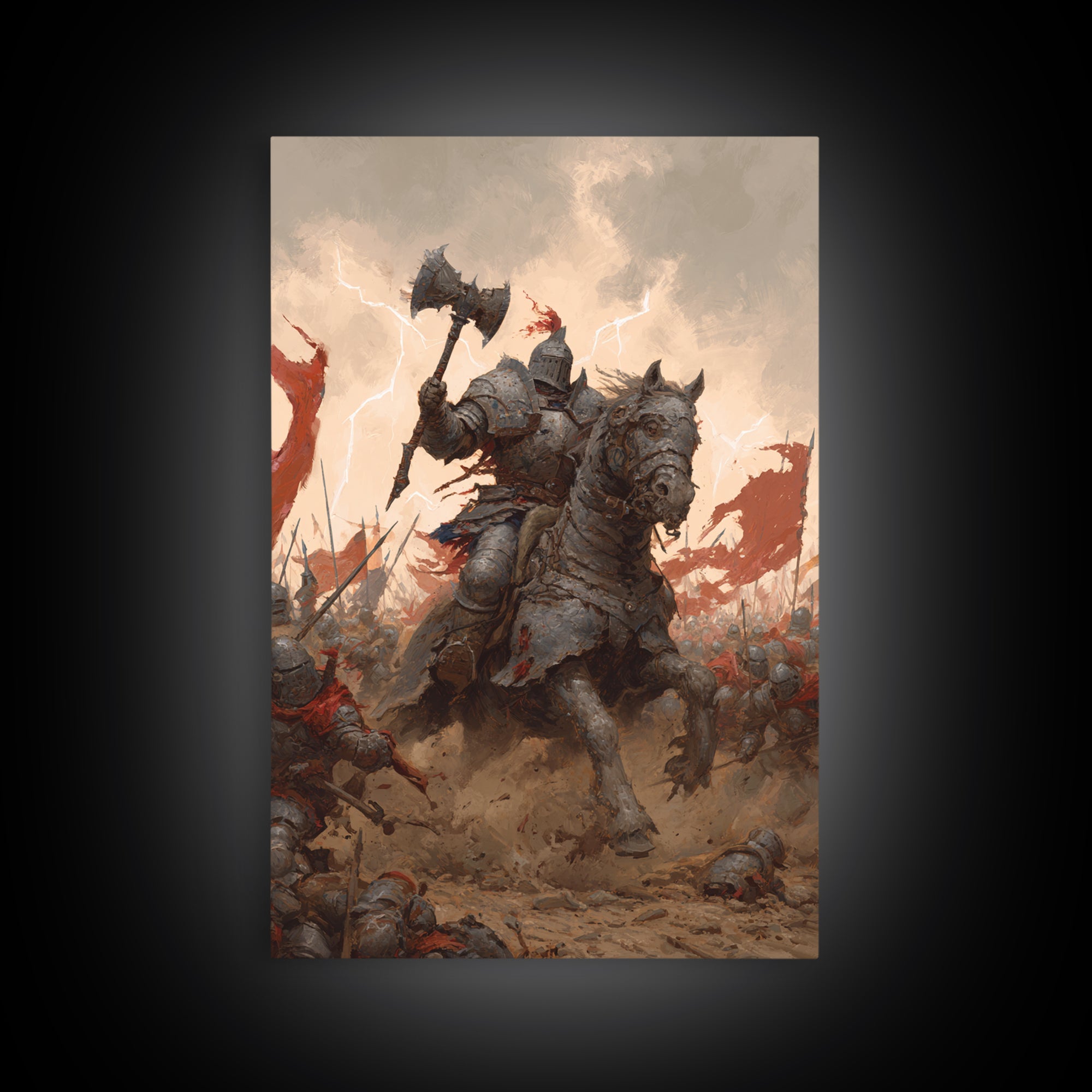 Armored Knight On War Horse With Battle Axe Wall Art, Dark Fantasy Canvas Print, Medieval Warrior Living Room Decor Gift