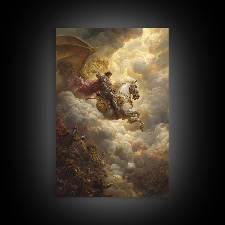 White Horse Knight Battles Golden Dragon In Clouds Framed Canvas Print, Epic Fantasy Wall Art, Medieval Home Decor Gift Idea