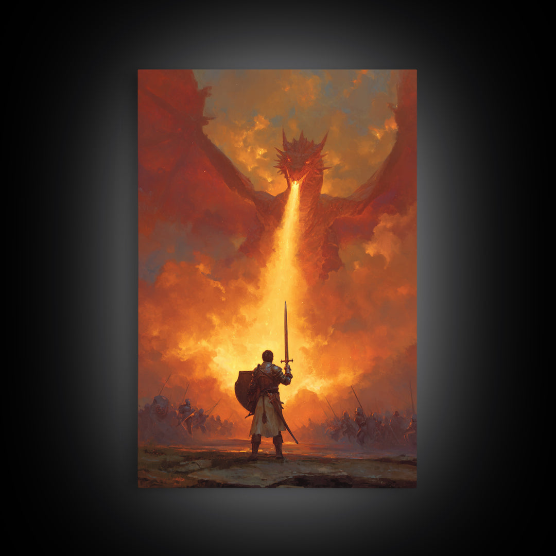 Lone Swordsman Facing Fire Breathing Red Dragon Wall Art, Epic Fantasy Canvas Print, Medieval Battle Living Room Decor Gift