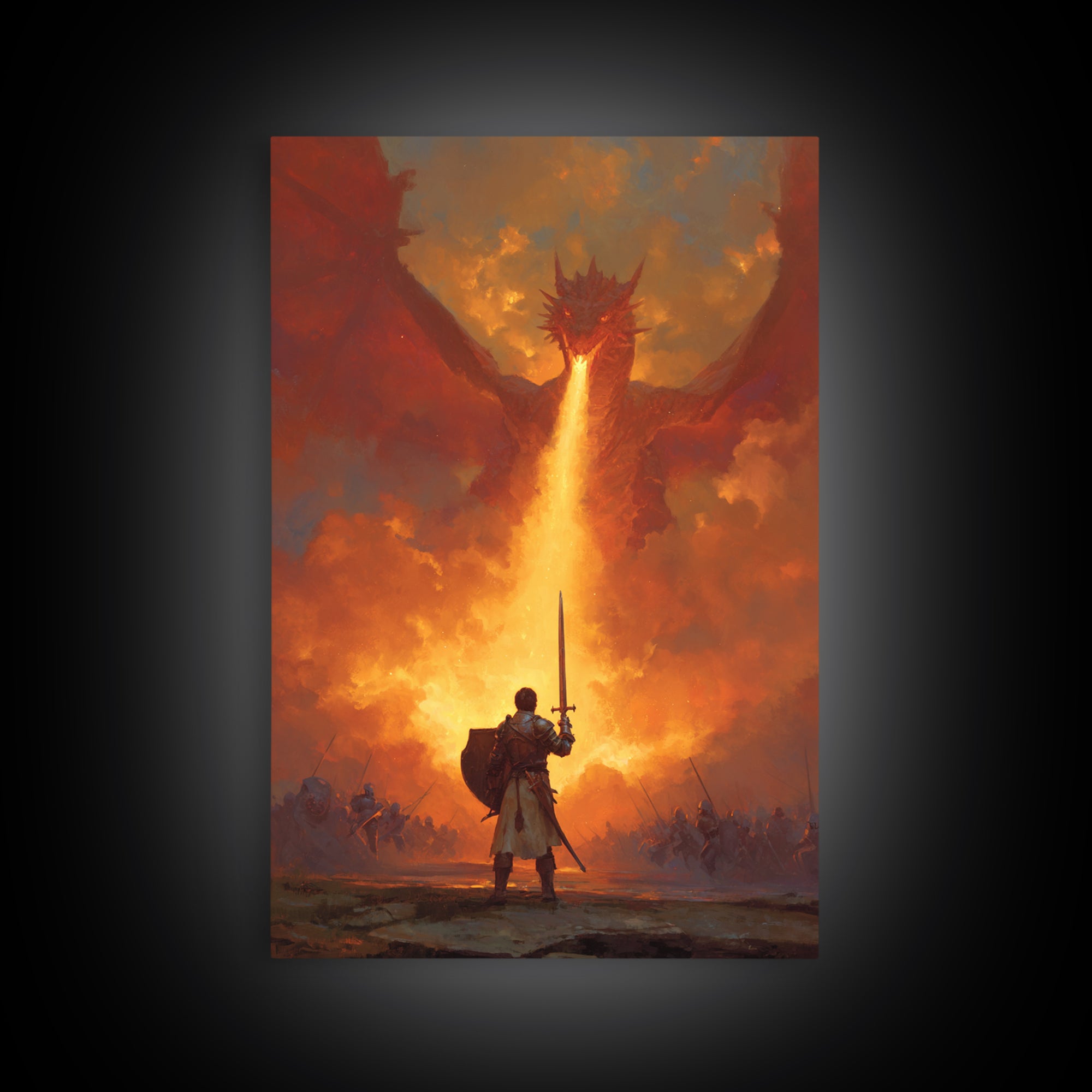 Lone Swordsman Facing Fire Breathing Red Dragon Wall Art, Epic Fantasy Canvas Print, Medieval Battle Living Room Decor Gift