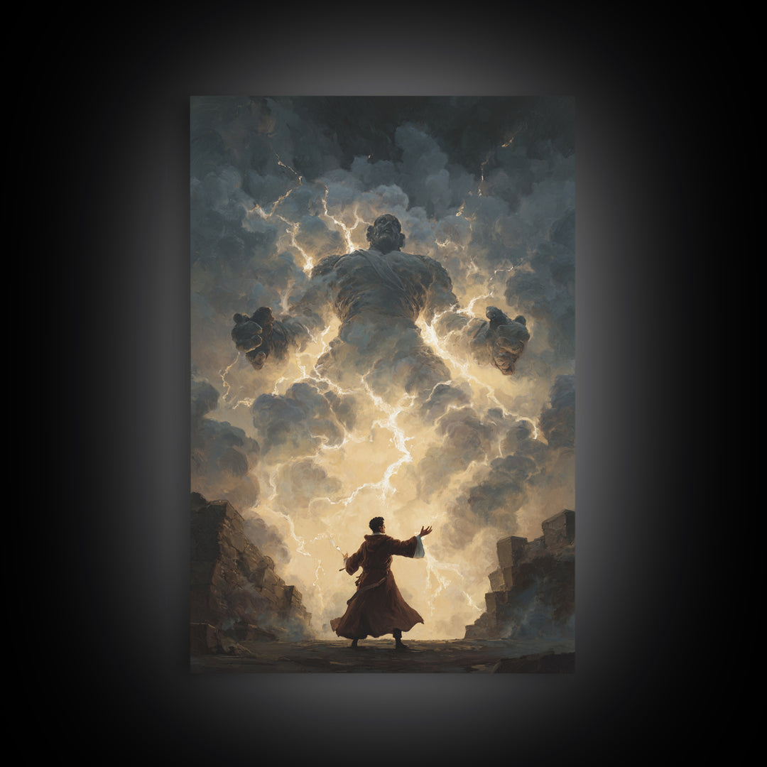 Storm Wizard Summoning Lightning Cloud Giant Wall Art, Dark Fantasy Canvas Print, Mythological Magic Office Decor Gift For Him
