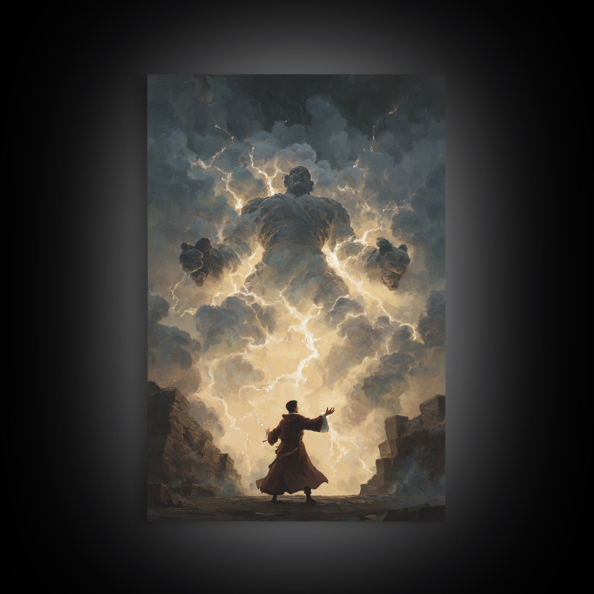 Storm Wizard Summoning Lightning Cloud Giant Wall Art, Dark Fantasy Canvas Print, Mythological Magic Office Decor Gift For Him