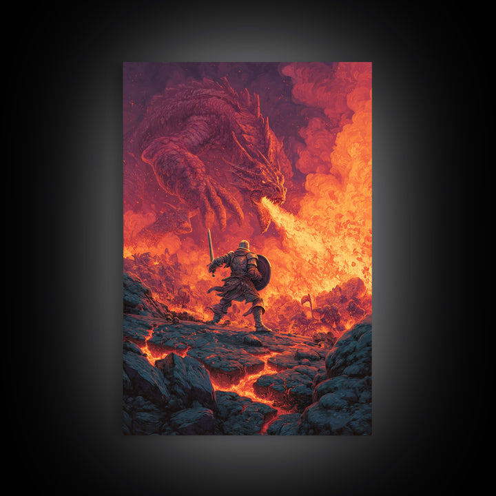 Knight Charging Through Lava Toward Fire Dragon Wall Art, Dark Fantasy Framed Canvas Print, Medieval Battle Game Room Decor