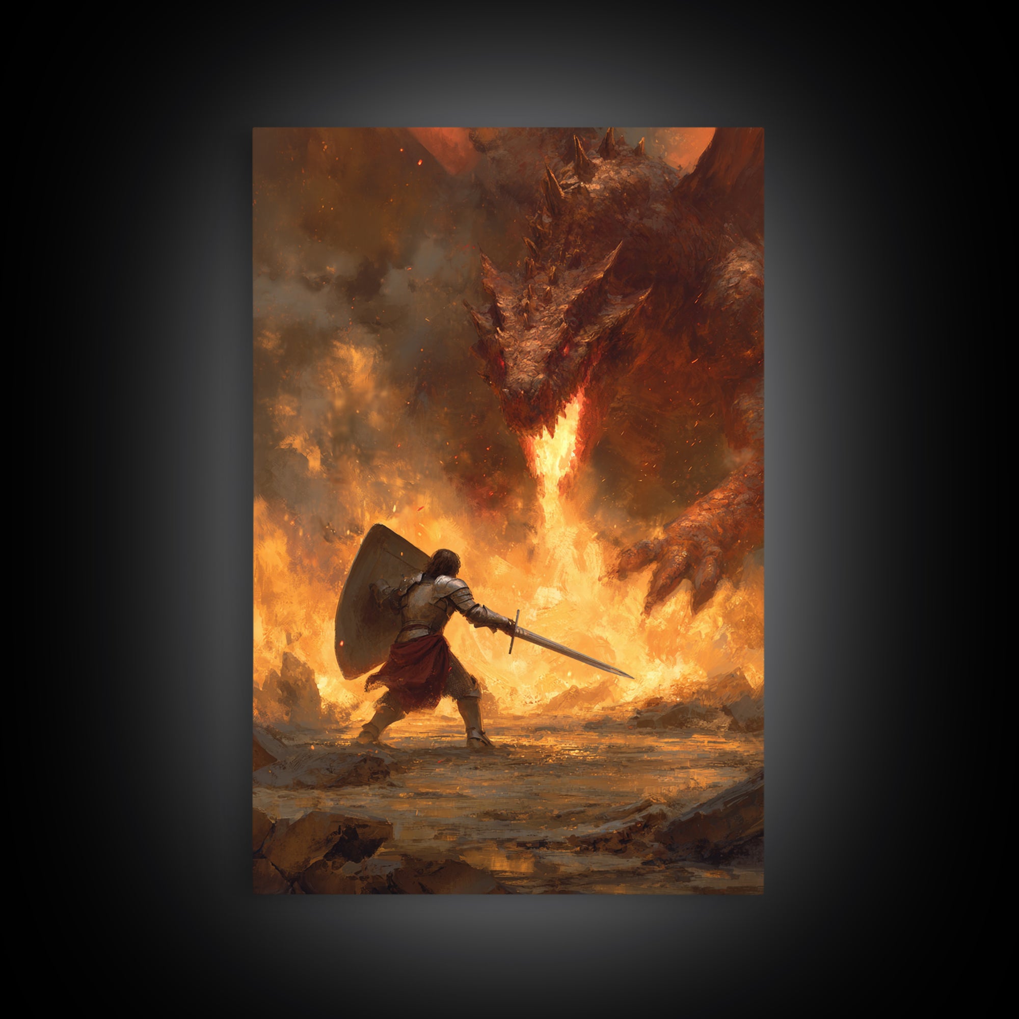 Shield Warrior Defies Fire Breathing Dragon Canvas Print, Epic Fantasy Wall Art, Medieval Sword Battle Home Decor Gift For Him