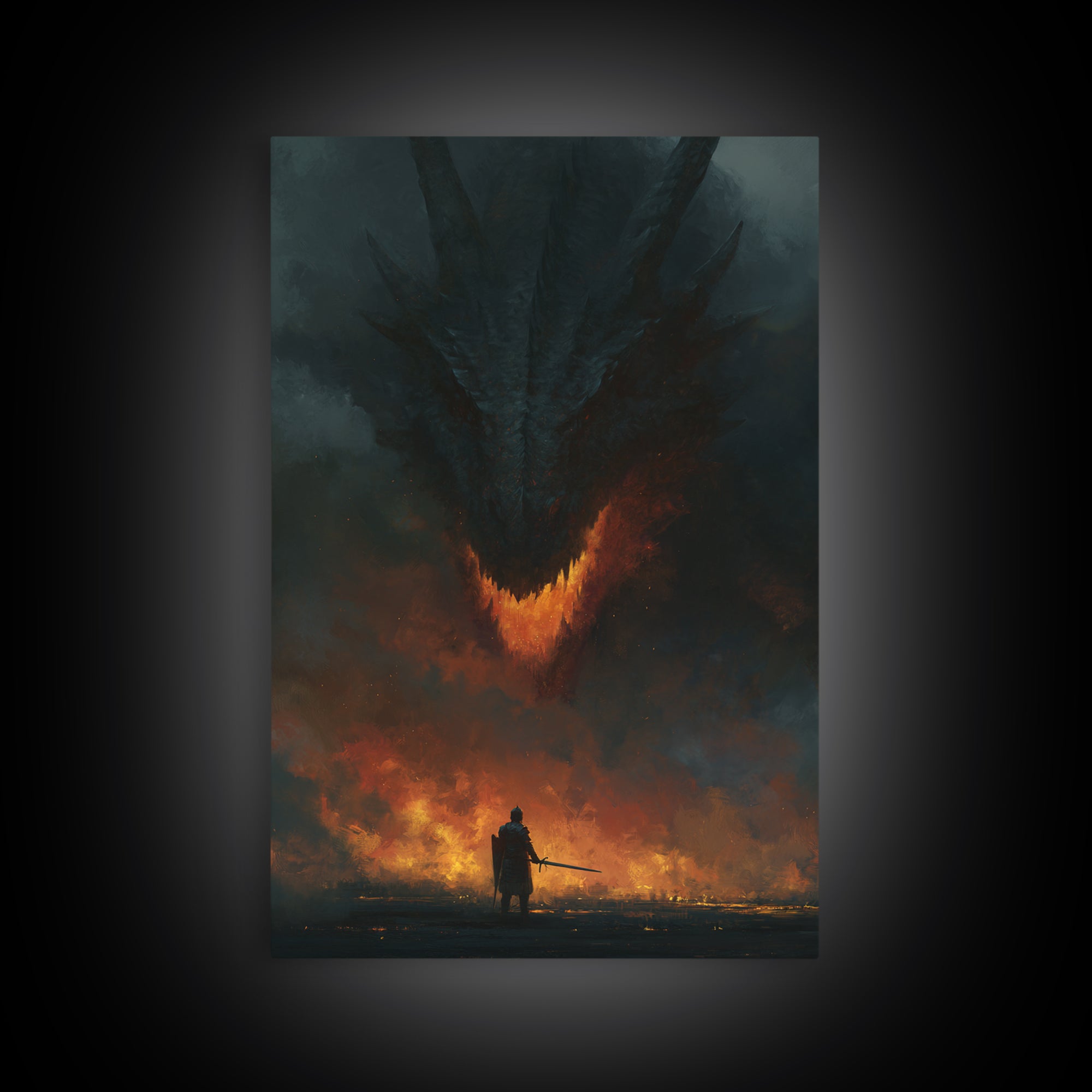 Dark Dragon Looming Over Lone Knight Wall Art, Gothic Fantasy Canvas Print, Apocalyptic Fire Medieval Office Decor Gift For Him