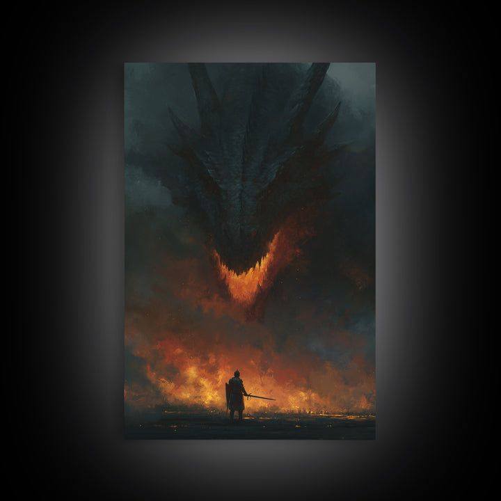 Dark Dragon Looming Over Lone Knight Wall Art, Gothic Fantasy Canvas Print, Apocalyptic Fire Medieval Office Decor Gift For Him