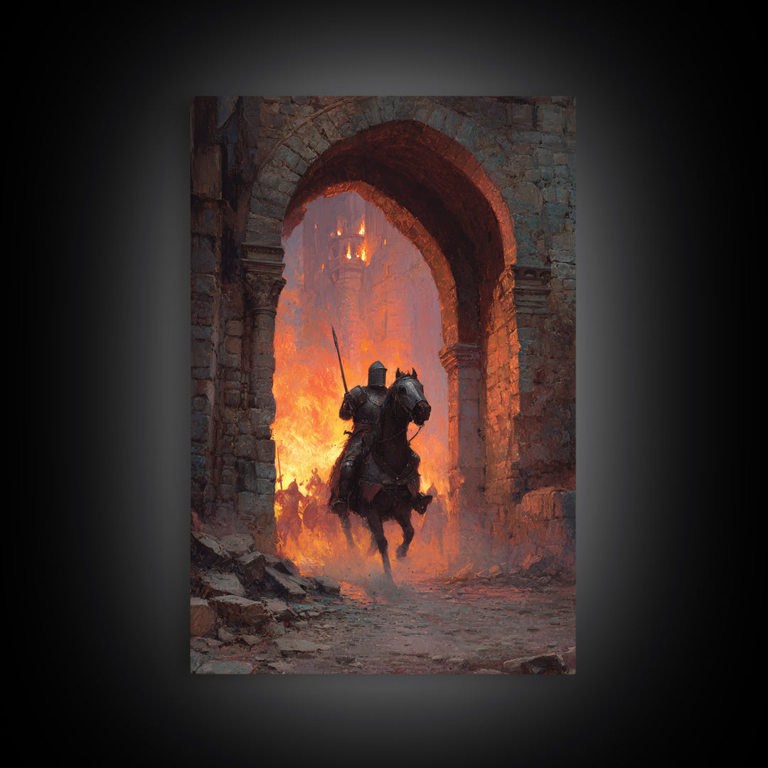 Mounted Knight Riding Through Burning Stone Arch Wall Art, Dark Fantasy Framed Canvas Print, Medieval Castle Home Decor Gift