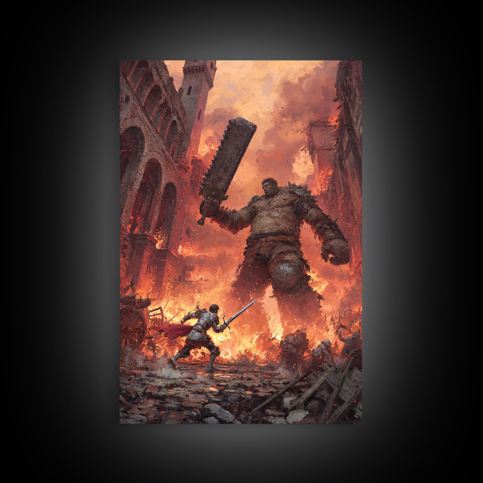 Knight Fighting Giant Ogre In Burning City Wall Art, Dark Fantasy Canvas Print, Medieval Monster Battle Game Room Decor Gift