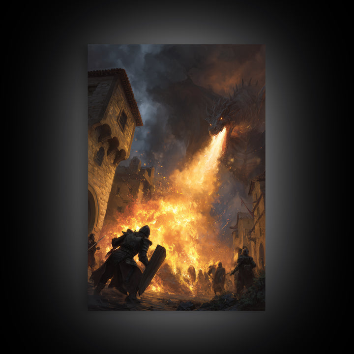 Armored Knight Before Dragon Fire In Medieval Street Wall Art, Dark Fantasy Framed Canvas Print, Castle Battle Living Room Decor