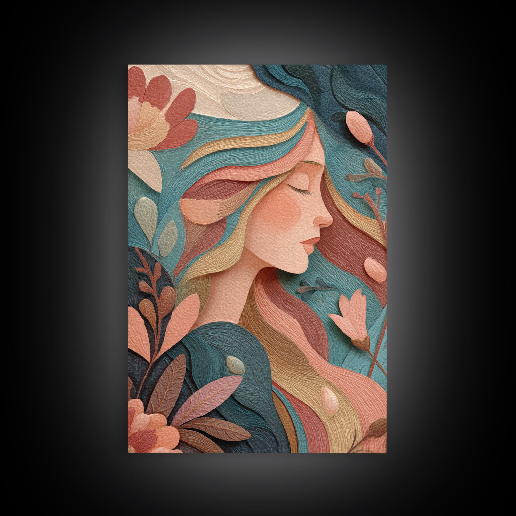 Art Nouveau Floral Woman Portrait Wall Art, Feminine Boho Canvas, Teal Peach Bedroom Decor, Elegant Gift For Her, Modern Home Decor